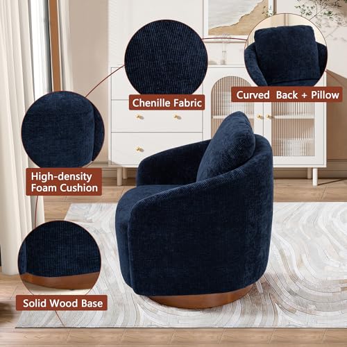 30.3" W Swivel Barrel Chair, Modern Swivel Accent Chairs for Living Room, Chenille 360 Degree Club Chair, Reading Side Chairs for Bedroom Comfy Round Barrel Armchair with Wood Base, Ivory