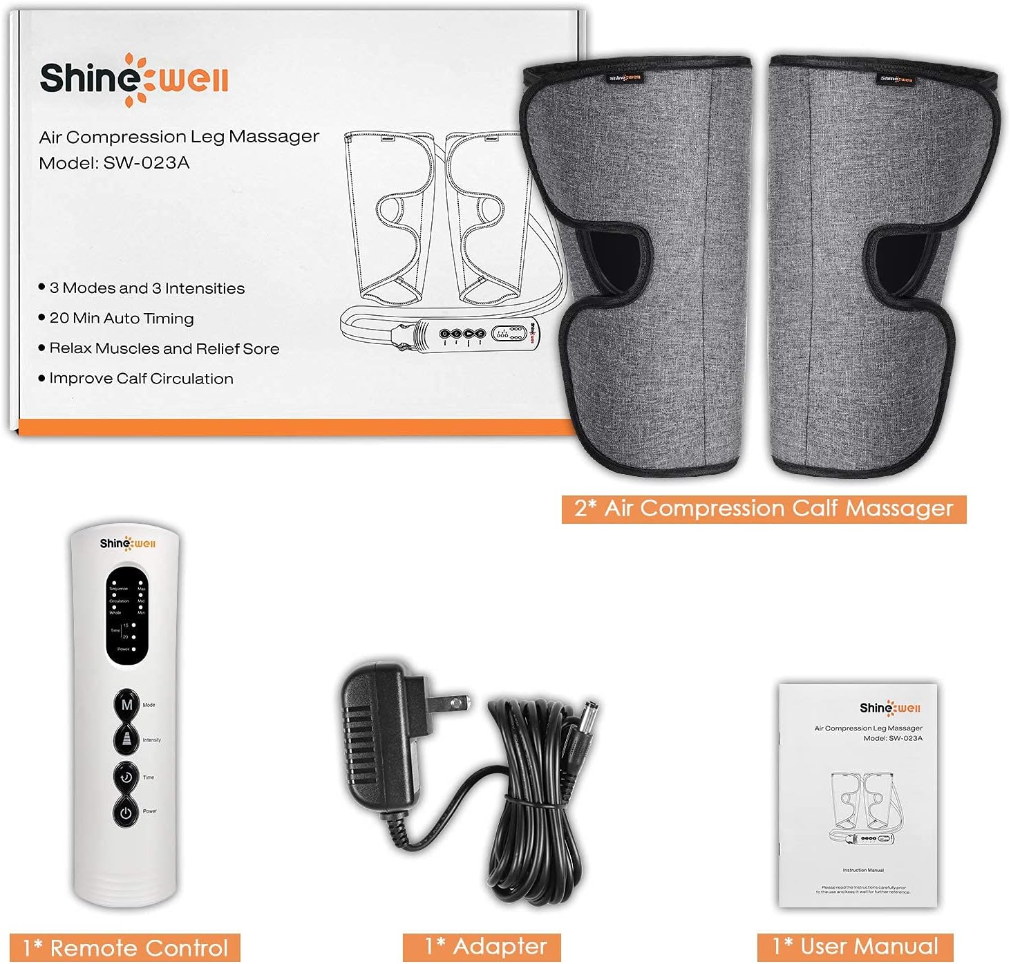 SHINE WELL Leg Massager for Circulation, Leg Compression Massager for Calf Foot and Arms, Calf Massager with 3 Modes 3 Intensities 2 Timing, Helpful for Restless Legs Syndrome Relief, Pain Relief