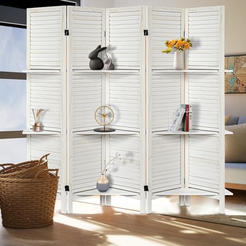 Room Divider with Shelves, Privacy Screen, Room Dividers and Folding Privacy Screens, 5 Panel Wood Temporary Wall Partition Separation Separator, Coconut