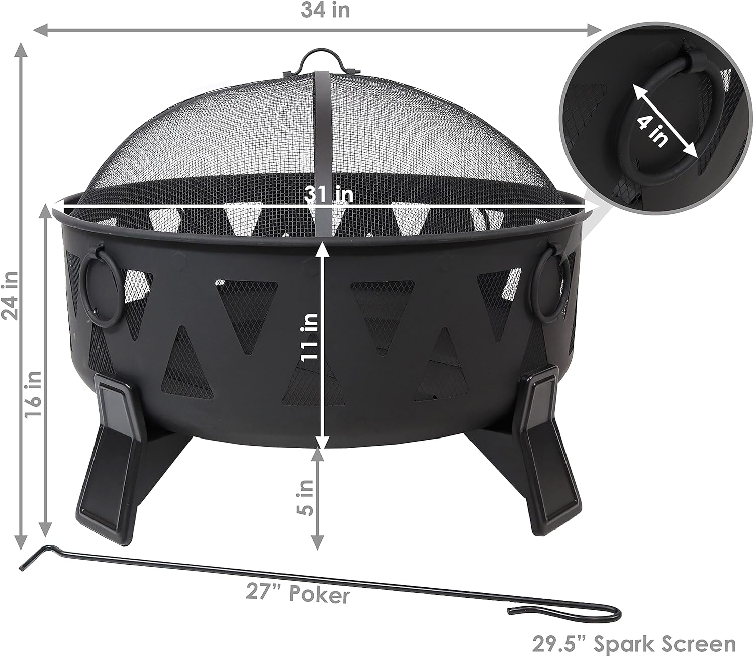 Sunnydaze 25-Inch Steel Wood-Burning Fire Pit with Mesh Stripe Cutouts - includes Poker and Spark Screen