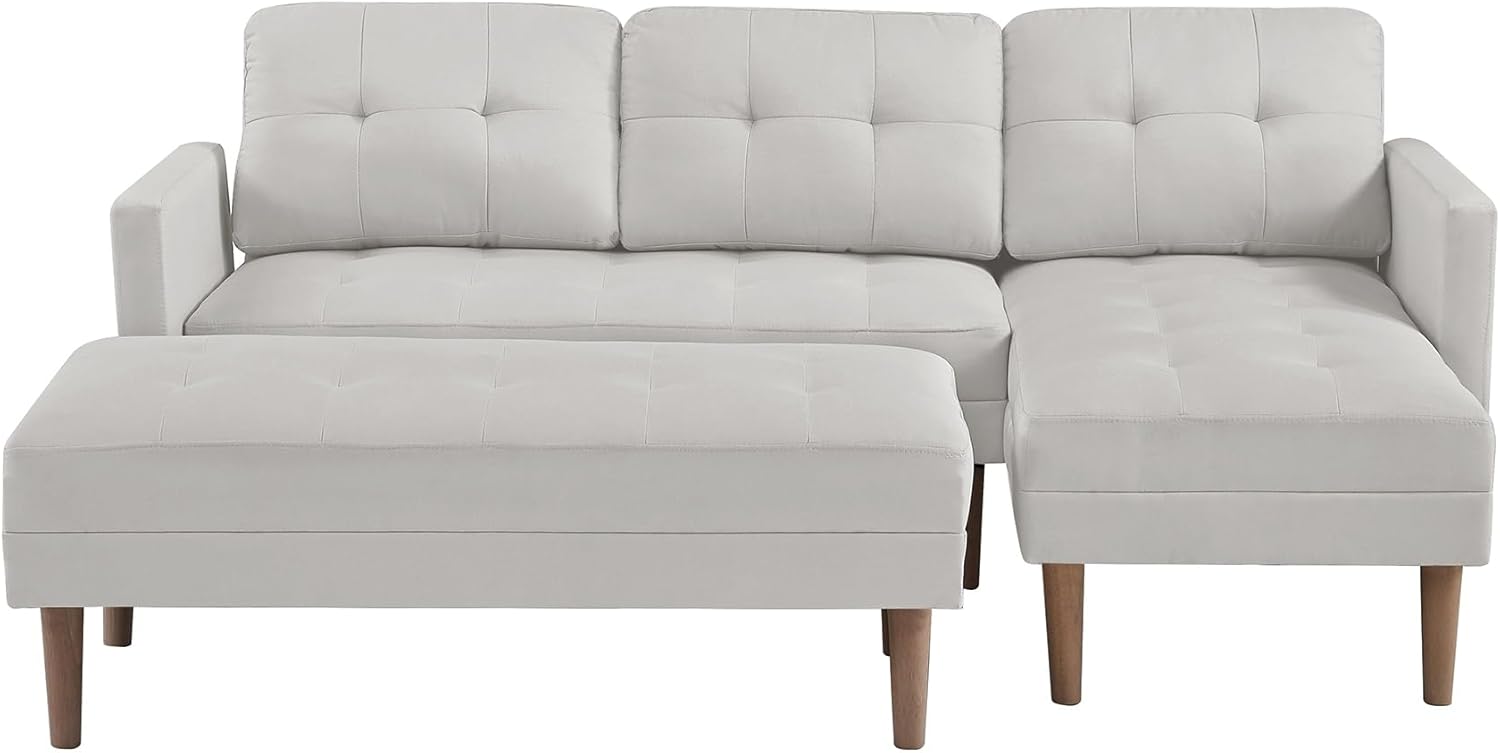 L-Shape Right Facing Sectional Sofa Bed with Ottoman Bench White Mid-Century Modern Pattern Fabric Included