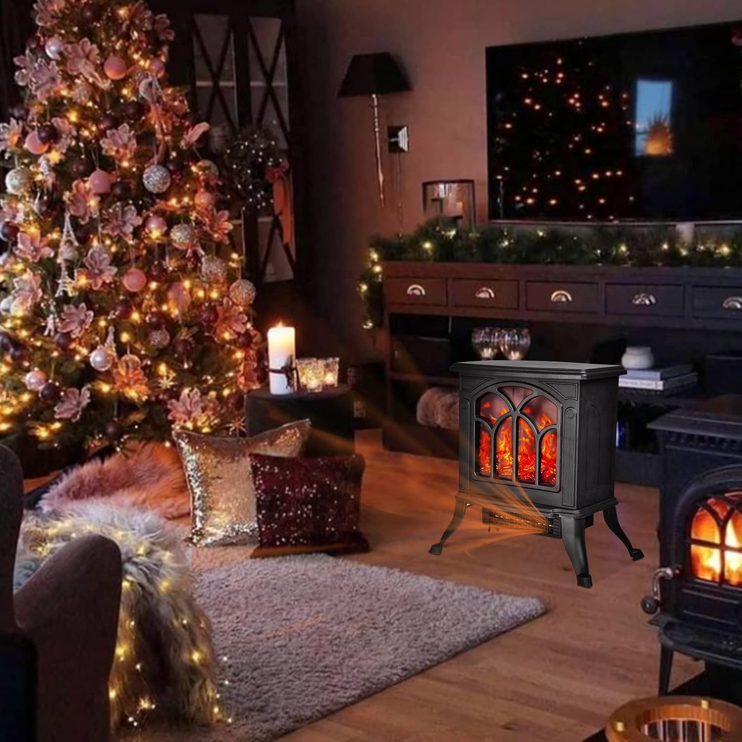 Freestanding Electric Fireplace Heater, 3D Realistic Flame Effect and Overheating Safety Design 800/1500w, Black Faux Space Heater Fireplace Stove for Indoor Use