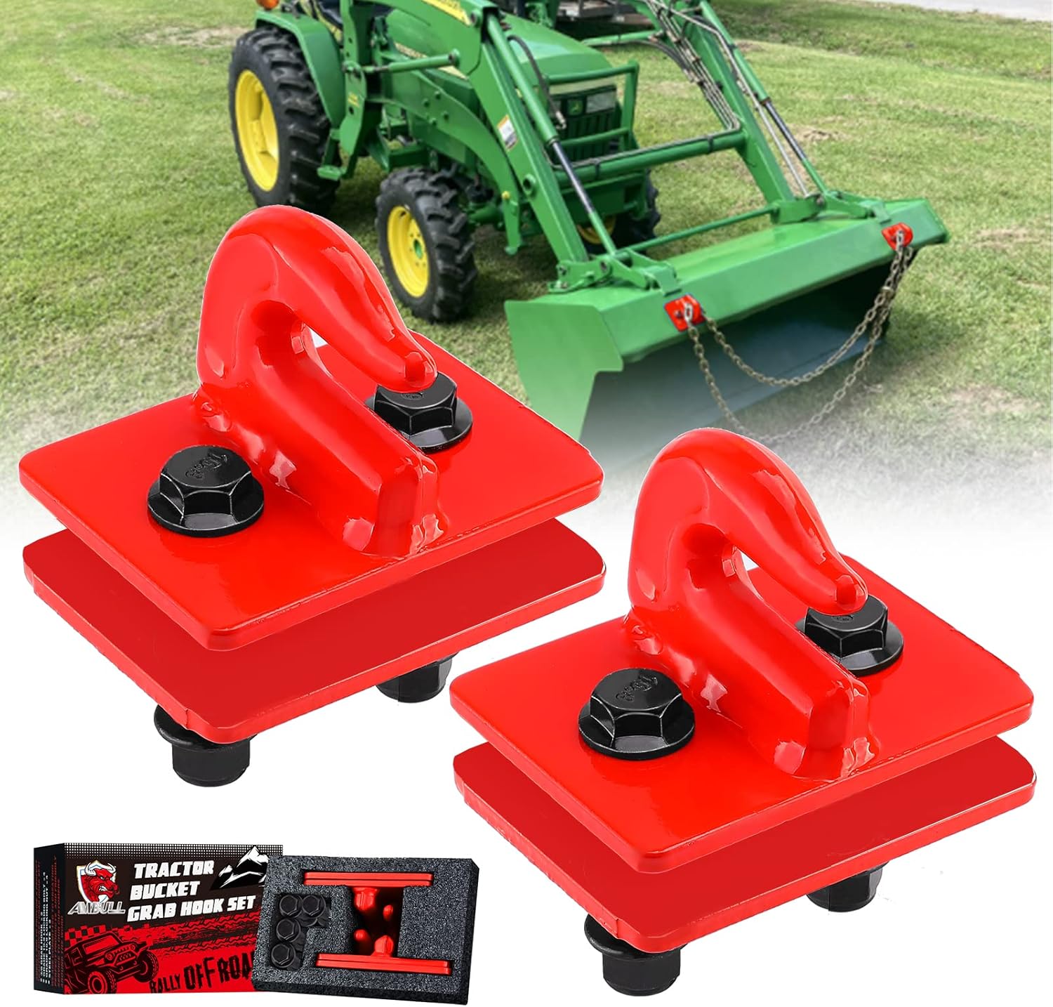 AMBULL 2 Pack 3/8" Tractor Bucket Grab Hook Grade 70 Forged Steel Bolt On Grab Hook Tow Hook Mount with Backer Plate,Work Well for Tractor Bucket, RV, UTV,Truck, Max 15,000 lbs, Dark Green Pack of 2