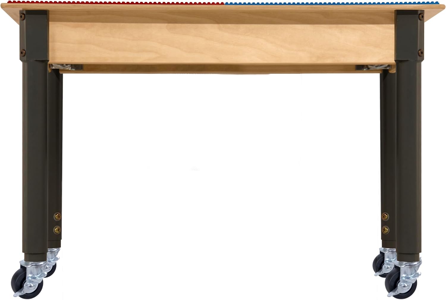 Time-2-Play Montessori Play Table, Reactangular Birch Plywood Red & Blue Lego Compatible Building Blocks Table with a Trough and Wheels for Kids [18”-29” Adjustable Legs]