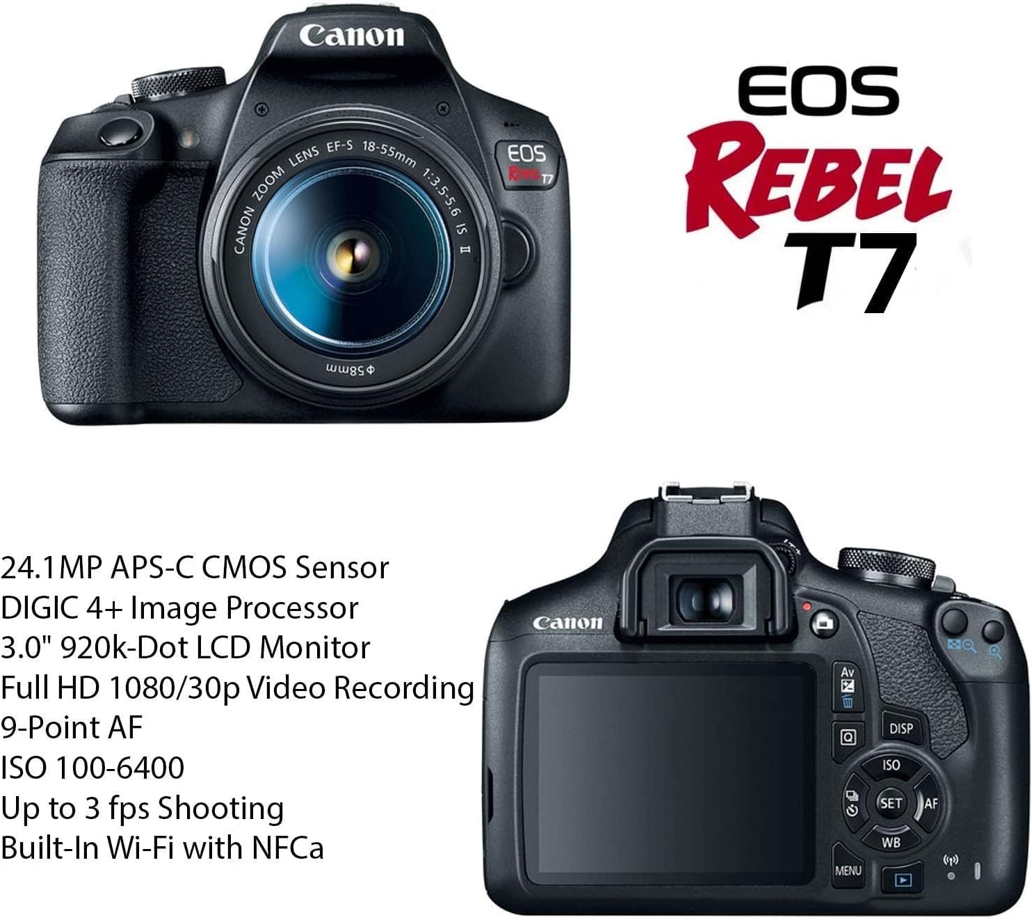 Canon EOS Rebel T7 DSLR Camera with 18-55mm is II Lens & Canon EF 75-300mm III Lens Bundle + 420-800mm Zoom Lens + 64GB Ultra Memory + Filters + Monopod (Renewed)