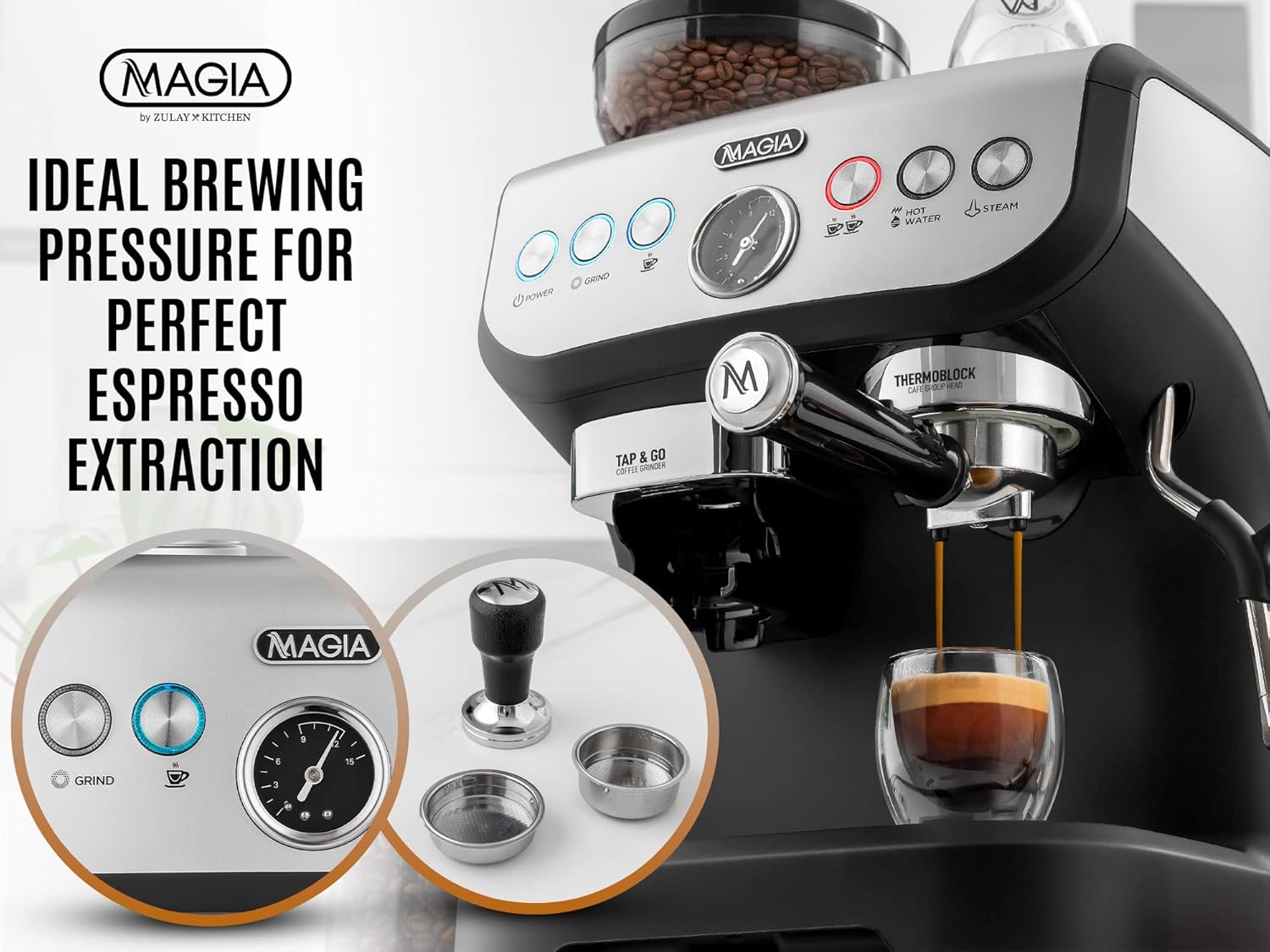 Zulay Kitchen Magia Manual Espresso Machine with Grinder and Extra Large 2L Removable Water Tank and Milk Frother with Stand