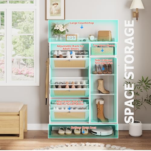 Rattan Shoe Storage Cabinet with 3 Flip Drawers, Freestanding Organizer with Adjustable Shelves for Entryway, Narrow Shoe Rack Cabinet for Hallway, Easy Assembly, Oak