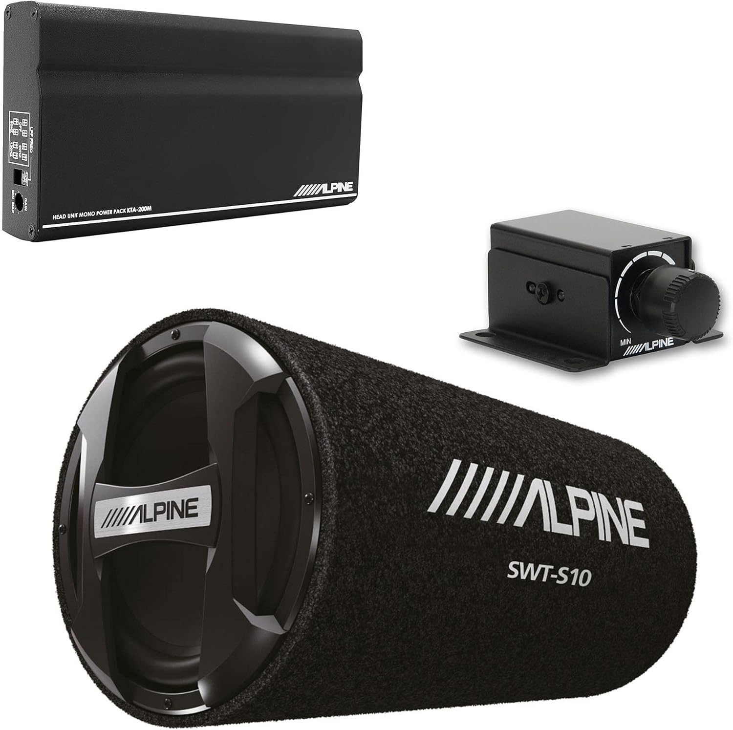 Alpine KTA-200M Mono Power Pack Amp with Alpine SWT-S10 10" Loaded Tube Subwoofer and Bass Knob