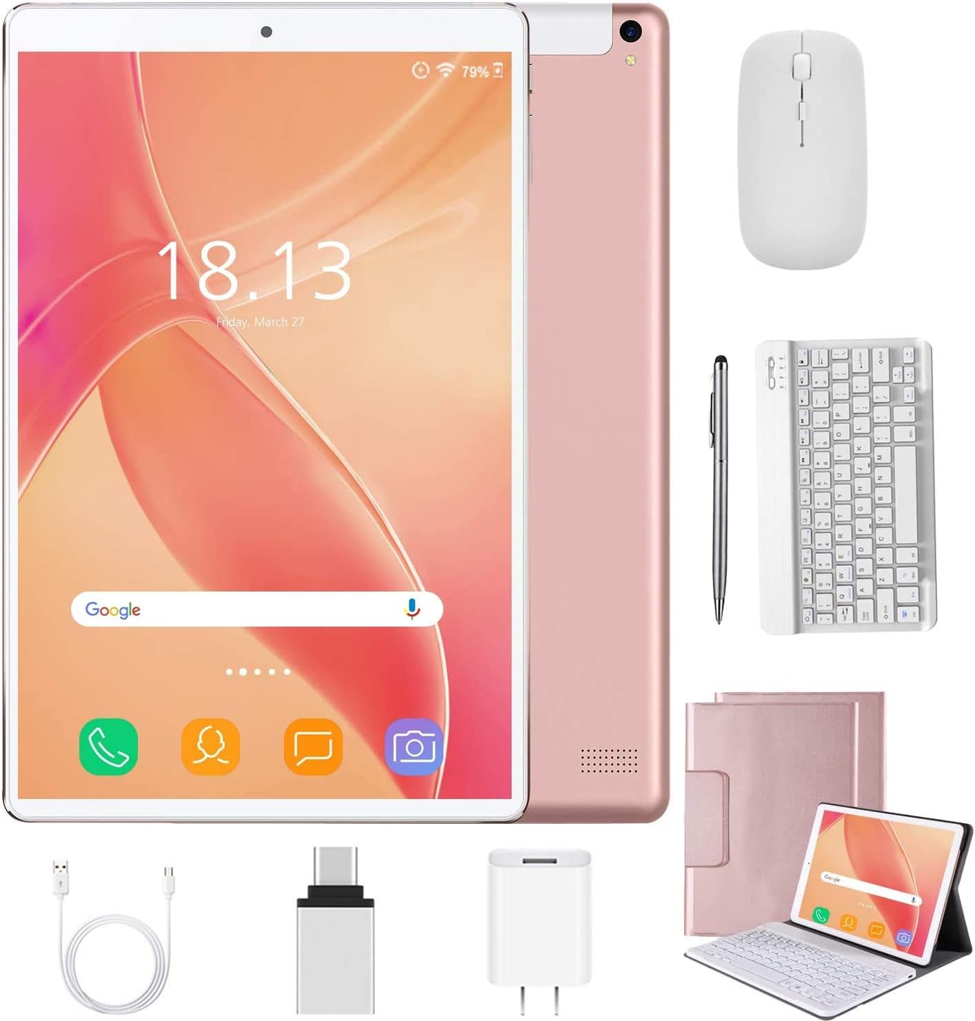 2 in 1 Tablets 10 Inch, Android 9 Tablet PC with Wireless Keyboard Case, 4GB RAM 64GB ROM/128GB Computer Tablets, Quad Core, HD/IPS, 8000mAh, Dual 4G SIM/WiFi (Gold)