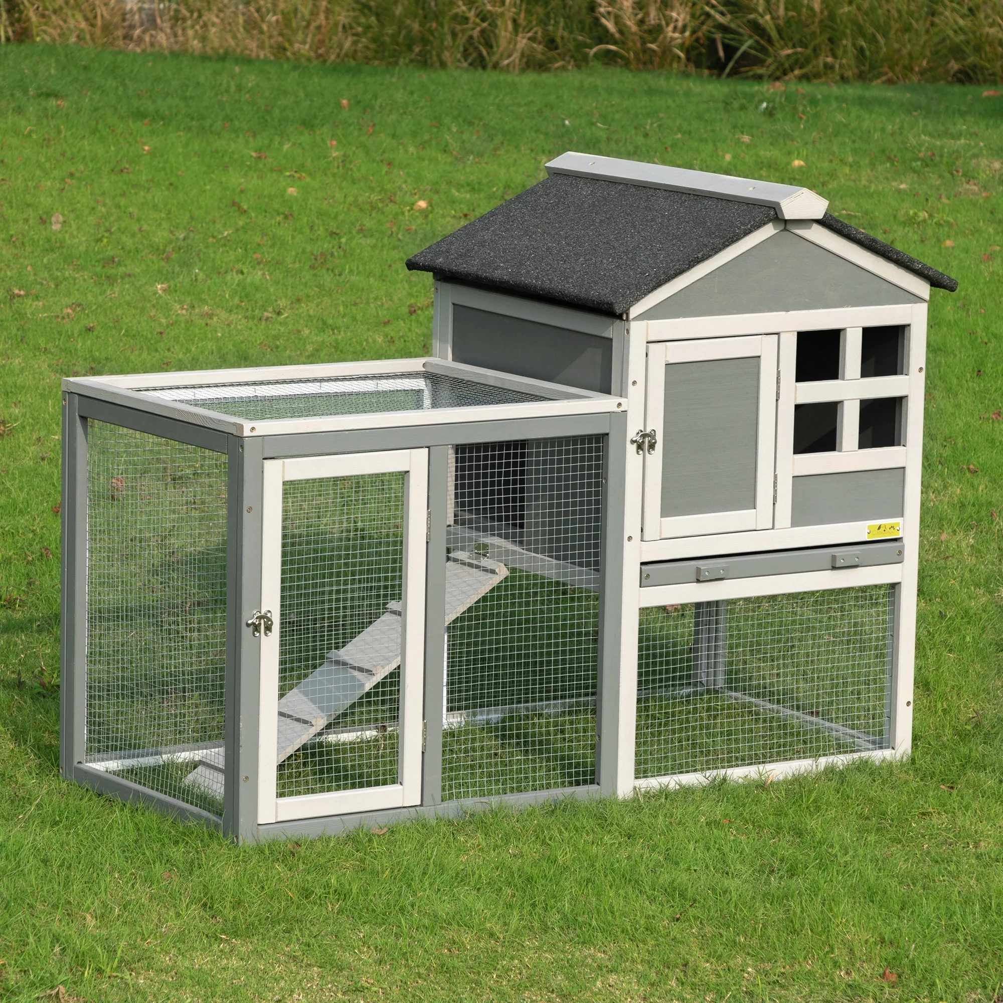 Coziwow Wooden Rabbit Hutch Small Animal Cage Guinea Pig Coop W/ Openable Roof, Gray - Curated Treasures Market