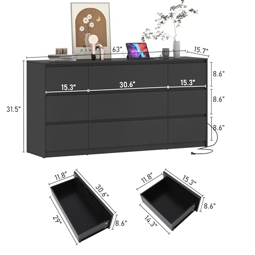 White Dresser for Bedroom, Modern 9 Drawer Dresser with Charging Station, 63 Inch Large Wood Chest of Drawers Handle Free, Long Dresser for Bedroom, Living Room, Entryway, Hallway