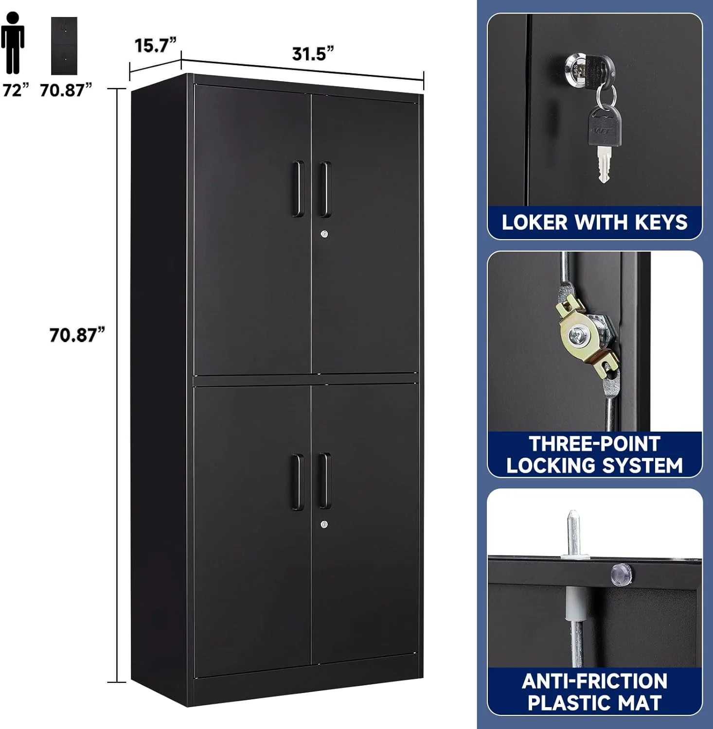 Metal Storage Locking Cabinet with 4 Doors and 2 Adjustable Shelves,71" Lockable Garage Tall Steel Cabinet,for Home Office,Living Room,Pantry,Gym,Commercial Storage (Black)