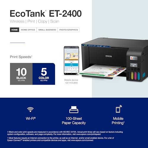 Epson EcoTank ET-2400 Wireless Color All-in-One Cartridge-Free Supertank Printer with Scan and Copy – Easy, Everyday Home Printing, Black