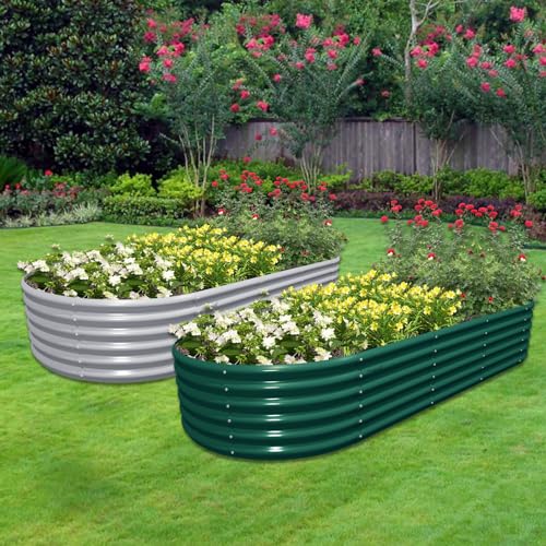 2 Pack 8x3x1.5FT Galvanized Raised Garden Bed Kit Oval Metal Ground Planter Box Outdoor Bottomless Planter Raised Beds for Vegetables Flowers Herbs Fruits, Gray