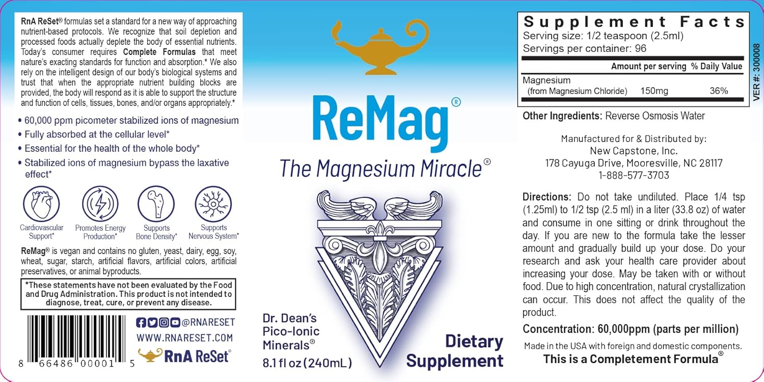 RnA ReSet - ReMag High Absorption Magnesium Liquid, ReMyte Mineral Solution, 12 Minerals Including Iodine, Selenium, Zinc, Magnesium, Boron, 240 ml Each - by Dr. Carolyn Dean Pack of 2
