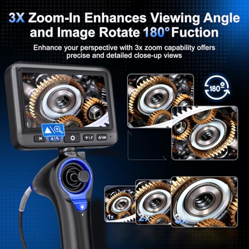 360°Articulating Borescope Camera - JESERAL 5" HD 1080P Inspection Camera Screen with 6 Light, Endoscope with 6.2mm IP67 Waterproof Probe, 3X Zoom 4-Way Borescope with Flexible Cable