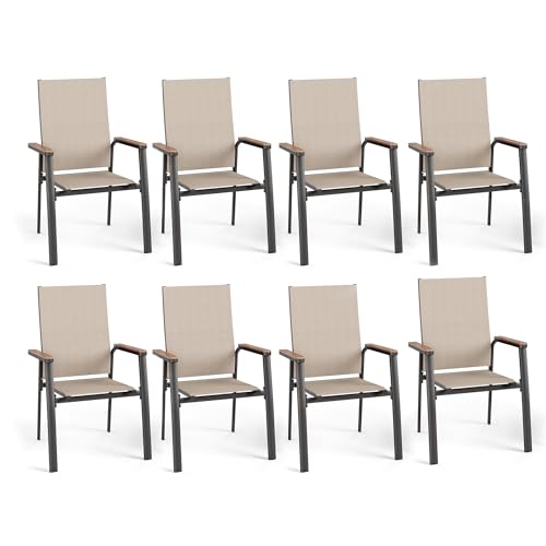 PHI VILLA Outdoor Stackable Dining Chairs Set of 6（Beige,Lightweight Aluminum Frame with Textilene Fabric & Wider Armrest,Easy to Store,Outdoor Chairs for Garden,Lawn