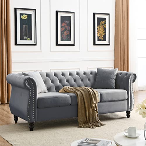 Chesterfield Sofa Couch, 80" W Velvet 3 Seater Sofa Tufted Couch with Rolled Arms and Nailhead for Living Room, Bedroom, Office, Apartment - Beige