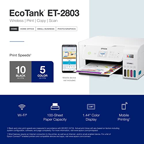 Epson EcoTank ET-2803 Wireless Color All-in-One Cartridge-Free Supertank Printer with Scan and Copy (Renewed),White