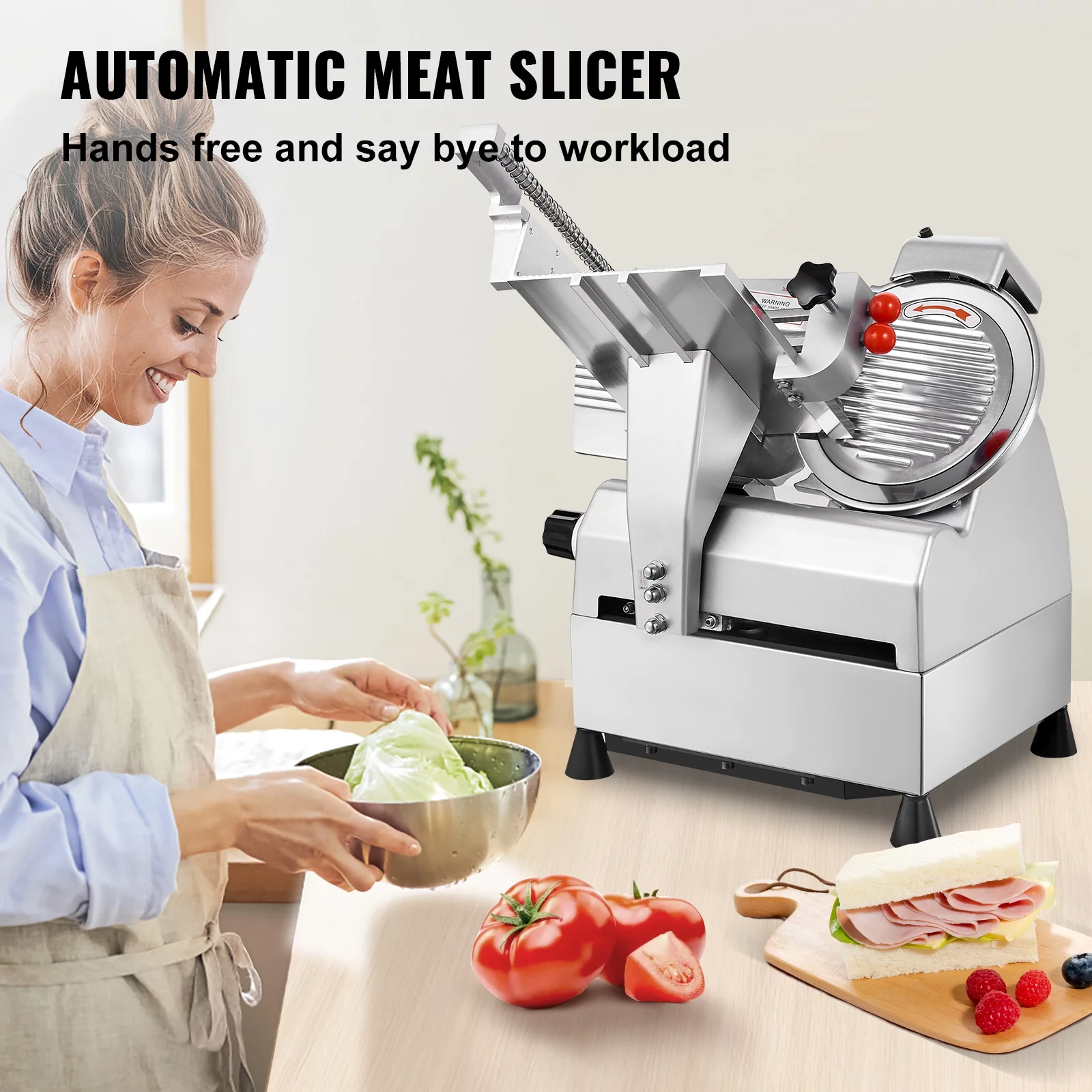 BENTISM Automatic Meat Slicer, 540W Deli Slicer with Two 10" Stainless Steel Removable Blade, 0-15mm Adjustable Thickness