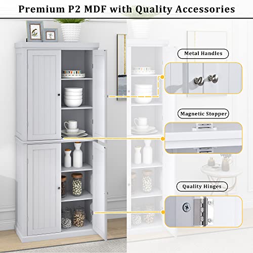 Kitchen Pantry Cabinet, 72.4-inch Tall Storage Cabinet with 4 Doors and Adjustable Shelves, Freestanding Cupboard Utility Pantry for Home Office, Each Shelves Capacity 110lbs, White