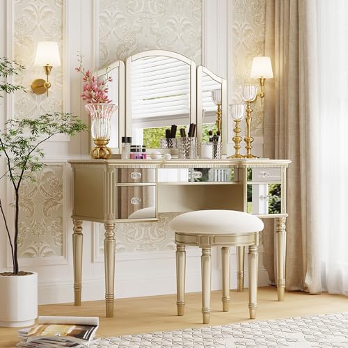 43.3" Modern Vanity Table Set with Flip-top Mirror and LED Light, Space-Saving functionality, Water Resistance and Slip-Proof Features Make it an Ideal Dresser for The Bedroom