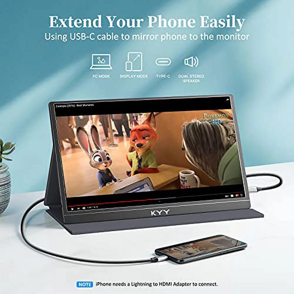Portable Monitor - KYY 15.6'' 1080P FHD USB-C Portable Laptop Monitors w/Smart Cover & Dual Speaker, HDMI Computer Display IPS HDR External Gaming Monitor for PC Phone Mac Xbox PS4 Switch[Upgraded]