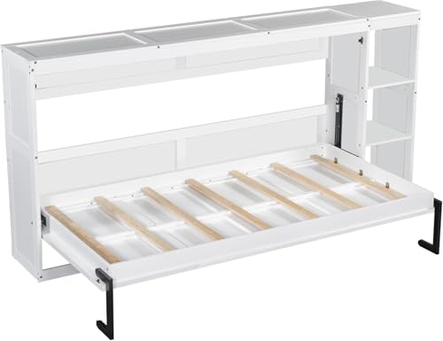 Full Murphy Bed with Storage Shelves,Wood Murphy Bed Cabinet with Storage Bookcase,Fold Up Bed Modern Murphy Wall Bed Full Size (White,Full)