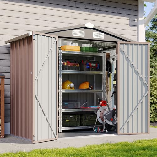 8'x4' Shed Galvanized Steel Storage Sheds with Triple Doors Weatherproof Outdoor Utility Sheds, Dual Lock Lean to Shed with Sloped Roof for Mower, Bike, Generator, Garden Tools (Black)