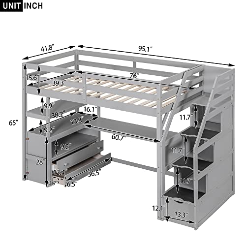 Full Size Loft Bed with Built-in L-Shaped Desk and Bookshelves, Solid Wood Loft Bed Frame with Safety Guardrail and Storage Staircase,Save Bedroom Space for Kids and Teens. (Grey~N)