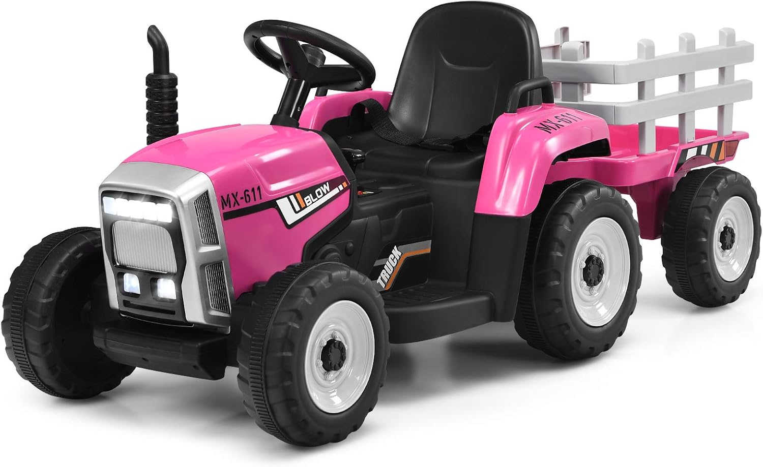 Costzon Ride on Tractor w/ Trailer, 12V Battery Powered Electric Vehicle Toy w/ Remote Control, 3-Gear-Shift Ground Loader, Treaded Tires, USB, LED Lights, Audio, Safety Belt, Kids Ride on Car (Pink)