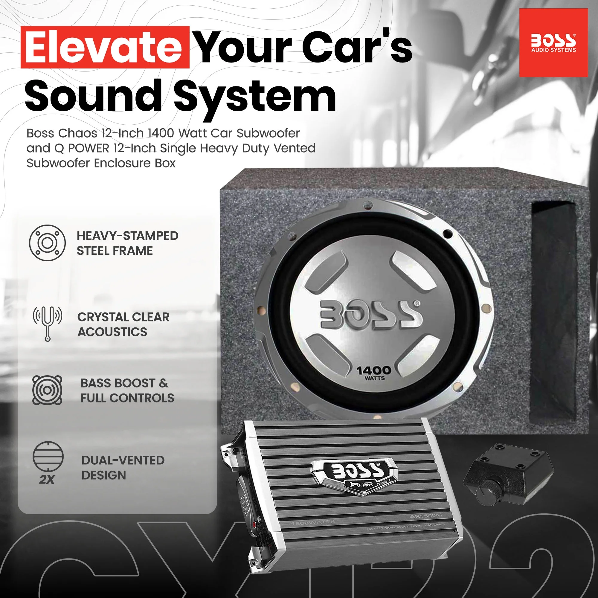 Boss Audio 12" 1400W Subwoofer, 1500W Amplifier w Amp Kit & QPower 12" Enclosure