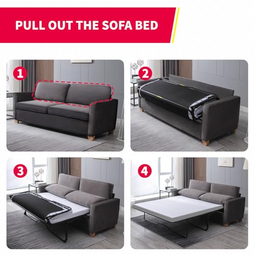 MUZZ Pull Out Sofa Bed, Queen Size Sofa Bed with Foam Mattress, Velvet Pull Out Sleeper Sofa, 2-in-1 Sofa with Pull Out Couch Bed for Living Room, Apartment, Office (Queen, Beige)