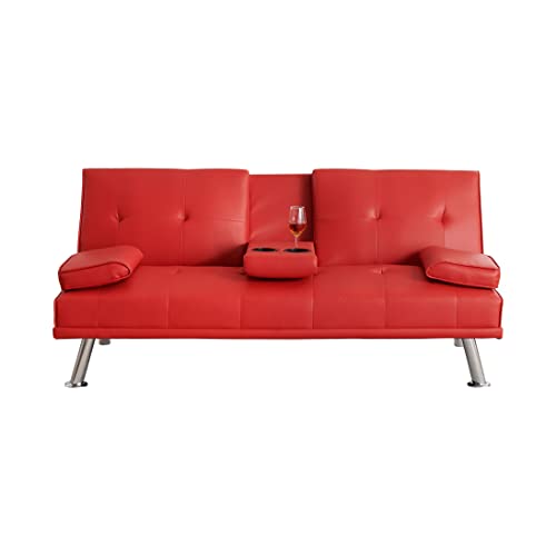 Convertible Folding Futon Sofa Bed - Faux Leather Upholstered Loveseat with Removable Armrests, Metal Legs, Cup Holders - Ideal for Living Room,Red