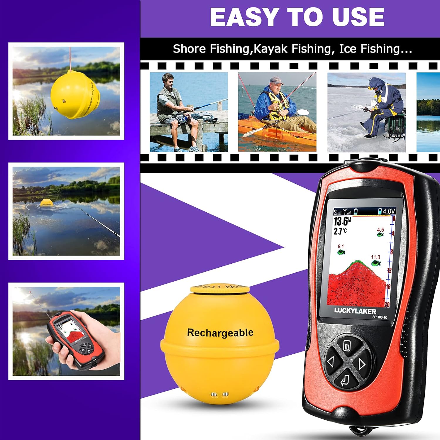 LUCKYLAKER Sonar Kayak Fish Finder Portable Water Handheld Depth Finder Boat Transducer Wireless Fish Finders Sea LCD Screen Fishing Pack of 2