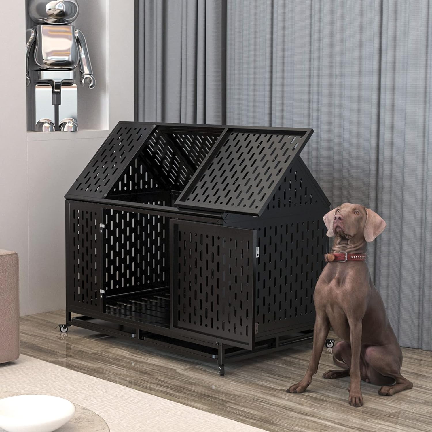 45 inch Heavy Duty Dog Crate with Locking Latch, Large Kennel with Pointed Roof, Indestructible and Escape-Proof Pet Cage for High Anxiety Dogs, XL Dog Crate
