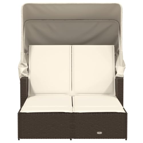 Double Sun Lounger with Canopy and Cushions Brown Poly Rattan,Double Sun Lounger with Adjustable Backrest and Retractable Canopy for Enhanced Outdoor Relaxation Sun Loungers, Chaise Lounges, Patio Fur
