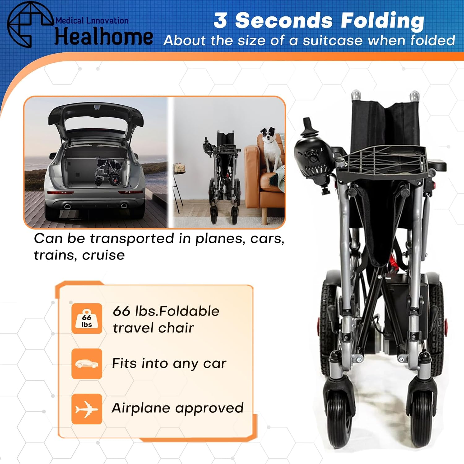 Lightweight Foldable Electric Wheelchairs for Adults, Portable Motorized Wheelchair for Senior, Up to 9 Miles Range, Easy to Use, Ships from USA, Black 66 pounds