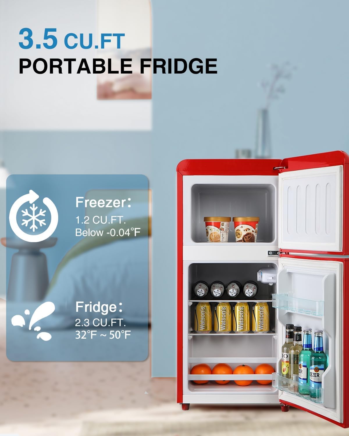 Mini Refrigerator with Freezer 3.5 Cu.Ft, Mini Fridge with 7 Settings Temperature, Adjustable Shelves, 2 Doors, Low Noise, Mini Refrigerator for Apartment, Bedroom, Office, Dorm Red