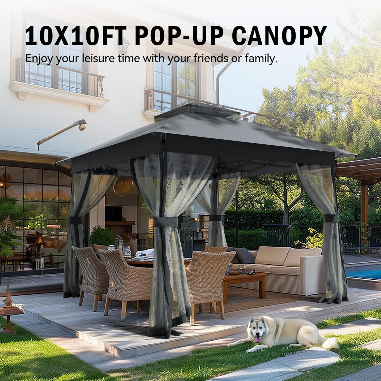 10x10 Outdoor Pop Up Gazebo - Instant Canopy Tent with Mosquito Nettings, Double Roof Vented Gazebo Canopy Shelter for Backyard Shade Party Garden Lawns (10x10ft Grey)