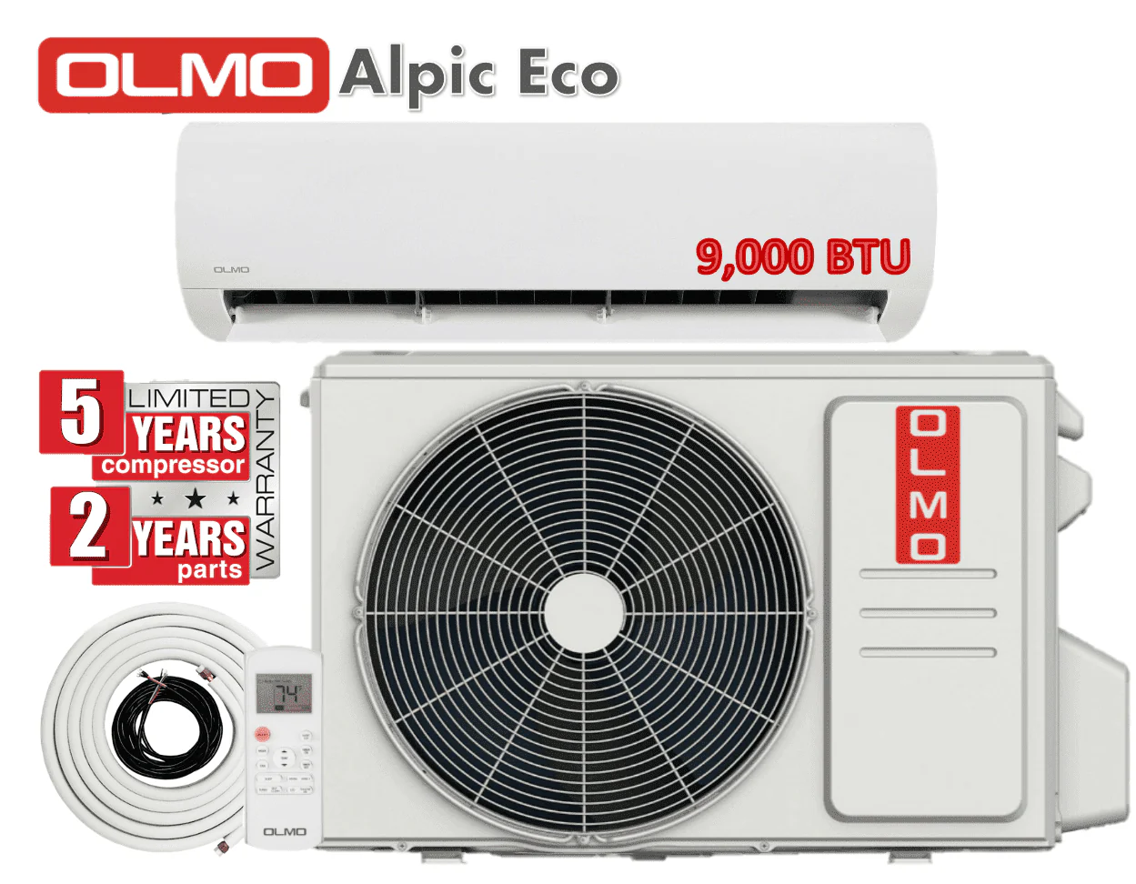 OLMO 9000 BTU 115V Wall Mounted Mini Split Heat Pump Air Conditioner With 16ft Kit Cover 400 Sq Ft