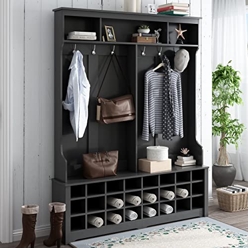 Modern Style Coat One with 3 Top Shelves,2 Flip Drawers,Wood Hallway Organizer with Storage, Metal Hanging Hooks,Hall Tree with Bench, Shoe Racks, White-2
