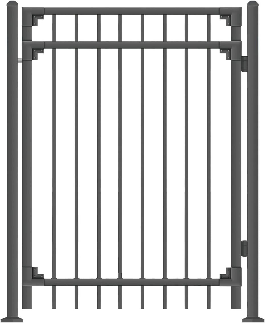 XCEL Fence: Black Steel Anti-Rust Gate, Flat End Top Pickets, Close Bottom Cross Rail or Option to Flip- 4ft W x 5ft H - DIY Installation Kit, for Outdoor, Yard, Pario, Entry Way, on Soil or Concrete.