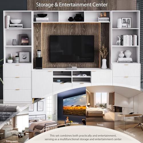 4-Piece Entertainment Wall Unit with 13 Shelves,8 Drawers and 2 Cabinets, Multifunctional TV Stand Media Storage Cabinet for TVs Up to 70"" with Fluted Line Surface (Black), SJ000116A