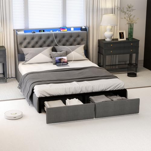 Full Size Bed Frame with 4 Storage Drawers and LED Lights, Upholstered Wingback Linen Tufted Headboard with Charging Station, Steel Slat Support, No Box Spring Needed, Noise-Free, Easy Assembly, Gray