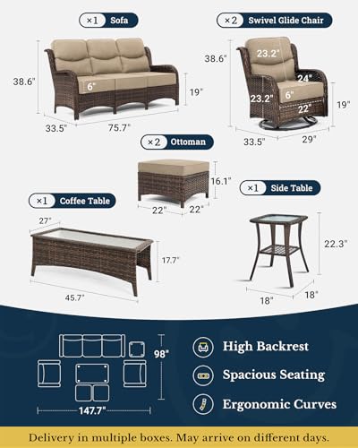 Luxury Patio Furniture Set with 6-inch Thick Cushion, Outdoor Couch and High Back Swivel Rocker Patio Chairs, 7PCS Wicker Conversation Set for Deck, Yard, and Poolside in Blue (V2)
