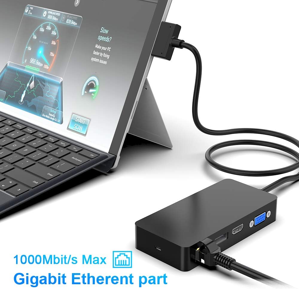 Surface Pro Dock Station Dual Monitor Compatible with Surface Pro 6/5/4, Surface Docking Station with DP, HDMI, VGA, 3 USB, RJ45, USB C, SD TF Slot, and Audio, Hub Combo Dock for USB Surface Pro