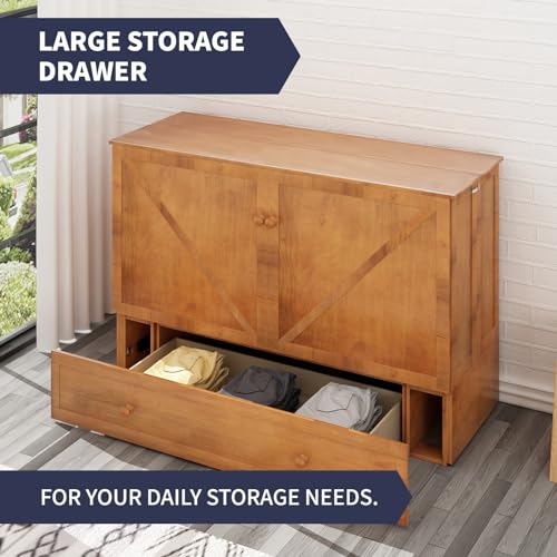 Queen Size Murphy Bed with Large Storage Drawer, Cabinet Bed with Folding Mattress, Murphy Cube Chest Bed with USB Charging Station and Foldable Tray Table - Gray