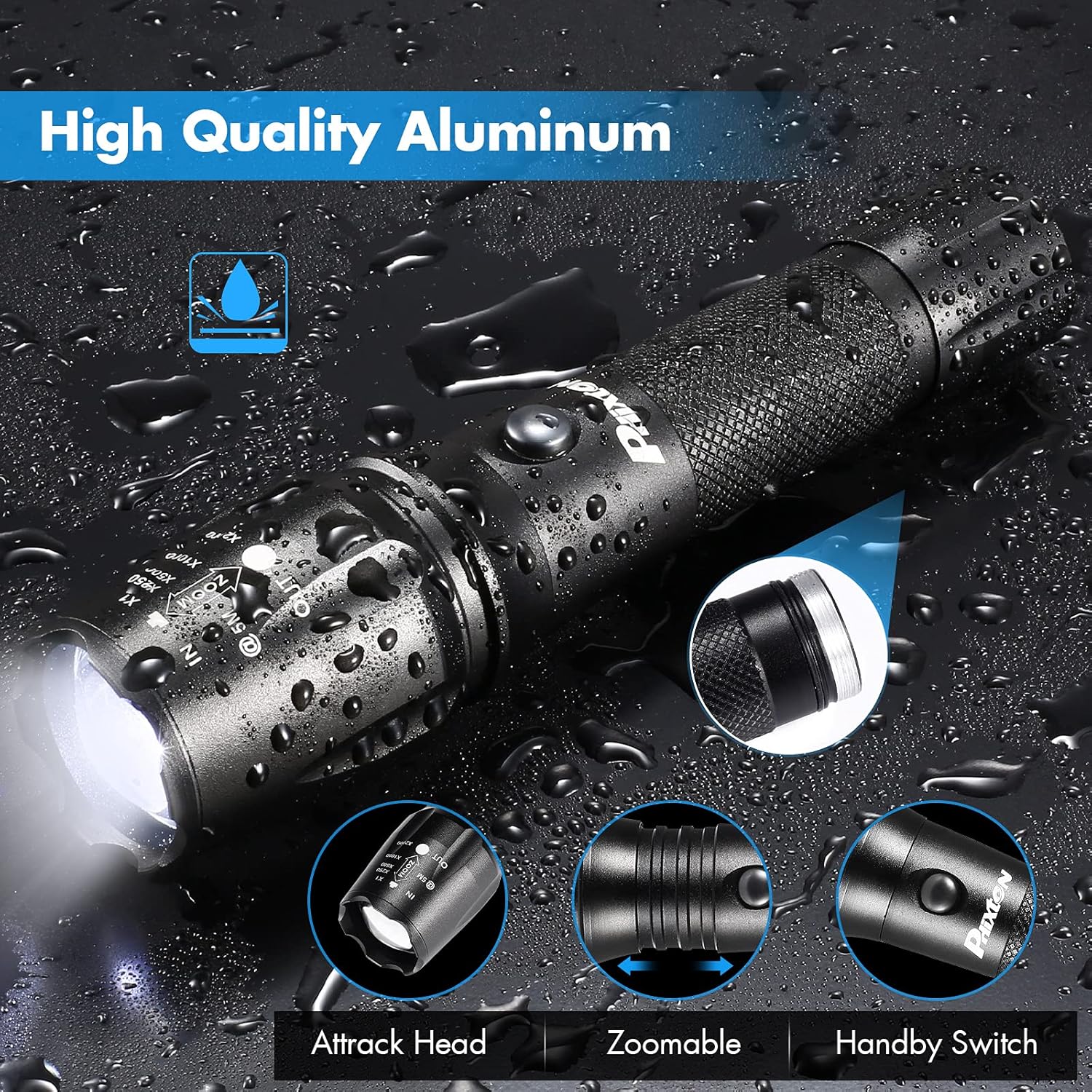 PHIXTON Rechargeable High Lumens Tactical Handheld Flashlight, Super Bright 5000 lumen XM L2 LED Tac Flash Light Linterna, Long Lasting,Zoomable,Waterproof,Shockproof,For emergency Camping Accessories