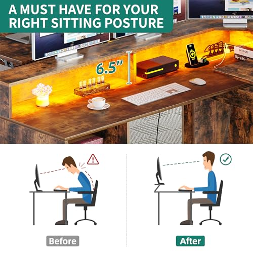 YITAHOME L Shaped Desk with Power Outlets & LED Lights, 60” Computer Desk with Drawers & Lift Top, Home Office Desk with Monitor Stand, Height Adjustable Desk with File Cabinet, Grey